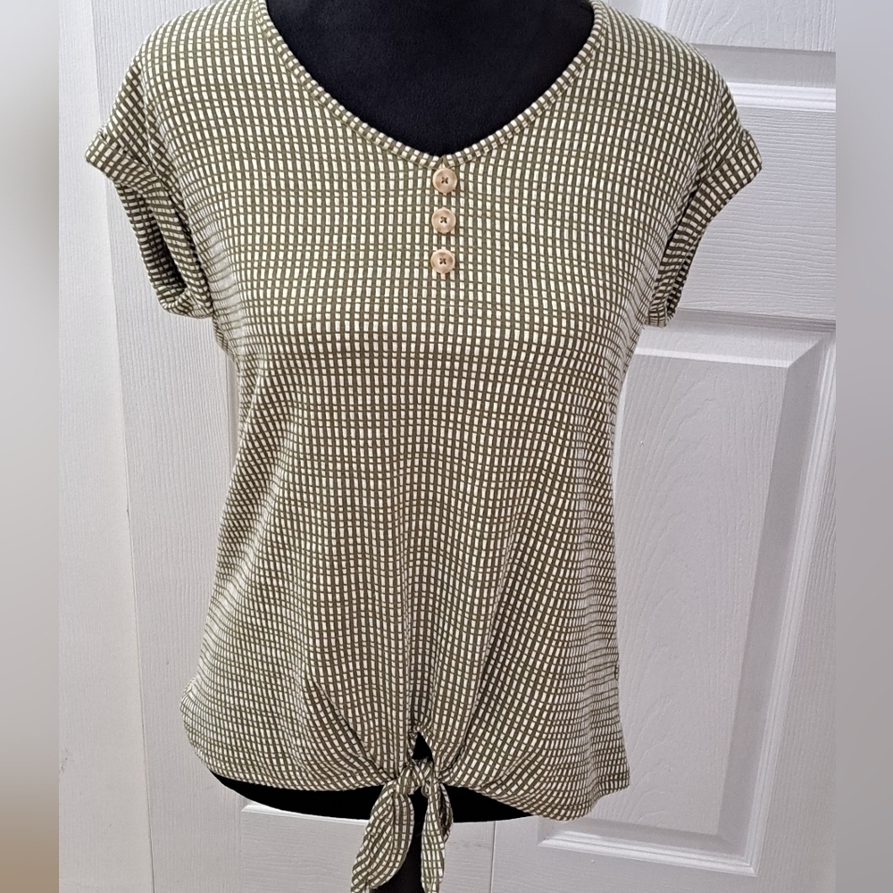 Como Blu Olive & Cream Front Tie Top Size S/P